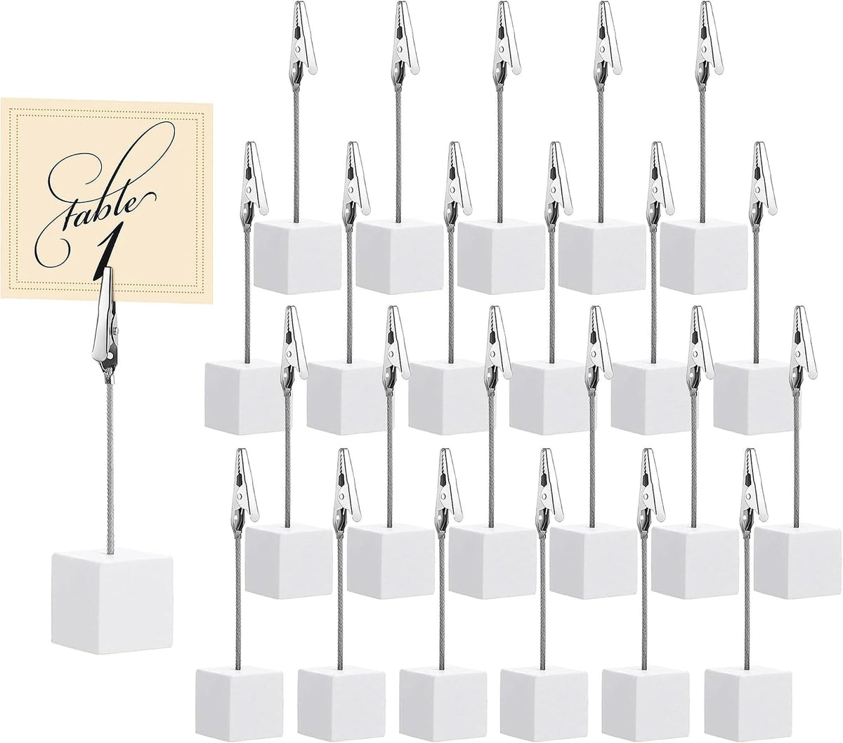 24 Pcs Wooden Cube Memo Holders with Alligator Clips, Table Number Stands for Wedding, Event, Office Desk – Black Base Photo & Card Display Clips