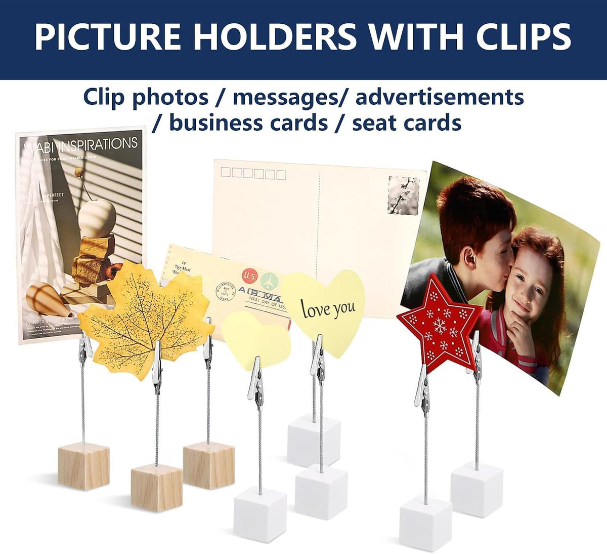 24 Pcs Wooden Cube Memo Holders with Alligator Clips, Table Number Stands for Wedding, Event, Office Desk – Black Base Photo & Card Display Clips