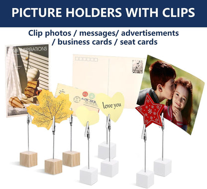24 Pcs Wooden Cube Memo Holders with Alligator Clips, Table Number Stands for Wedding, Event, Office Desk – Black Base Photo & Card Display Clips