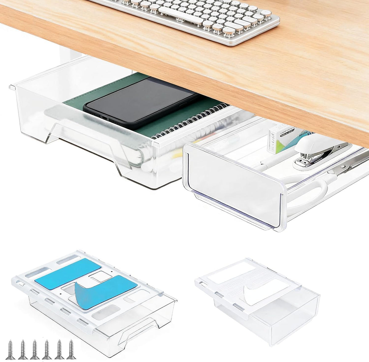 Under Desk Drawer Organizer, Self Adhesive Hidden Drawer Storage, Slide Out Desk Organizer, Space Saving Pencil & Accessories Organizer, Under Table Storage for Home Office & School, Black