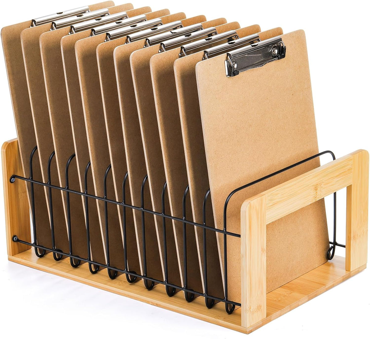Vertical Clipboard Holder, 12 Slot Bamboo and Metal Clipboard Stand, Desk File Organizer Storage Rack for Home, Office, Classroom, No Assembly Required