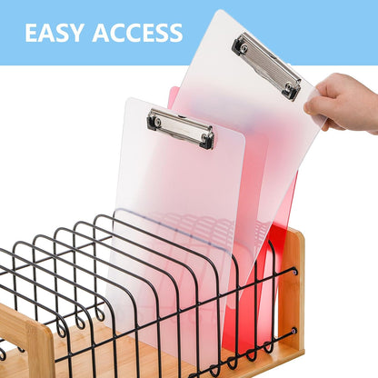 Vertical Clipboard Holder, 12 Slot Bamboo and Metal Clipboard Stand, Desk File Organizer Storage Rack for Home, Office, Classroom, No Assembly Required