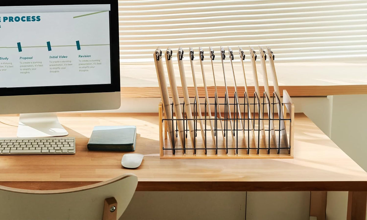 Vertical Clipboard Holder, 12 Slot Bamboo and Metal Clipboard Stand, Desk File Organizer Storage Rack for Home, Office, Classroom, No Assembly Required