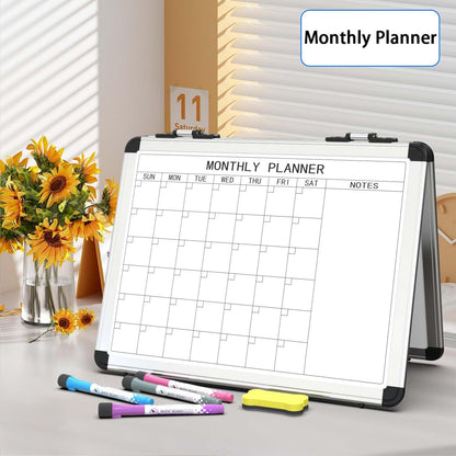 4 Sided Foldable Whiteboards Calendar, 17"x13" Desktop Whiteboard, Integrating with Monthly and Weekly Planner, Multi-Functional Whiteboard Suitable for Home, School and Office.
