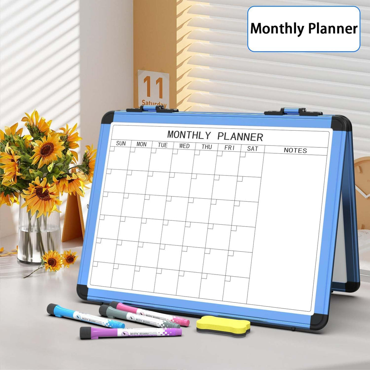 4 Sided Foldable Whiteboards Calendar, 17"x13" Desktop Whiteboard, Integrating with Monthly and Weekly Planner, Multi-Functional Whiteboard Suitable for Home, School and Office.
