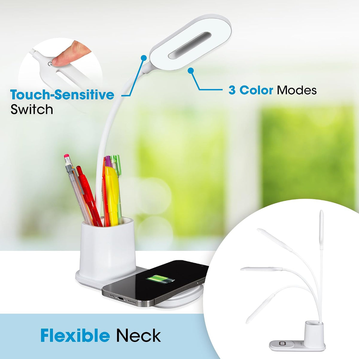 Organizer LED Desk Lamp with Wireless Charging, White