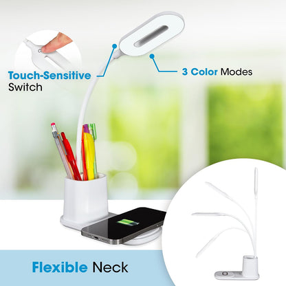 Organizer LED Desk Lamp with Wireless Charging, White