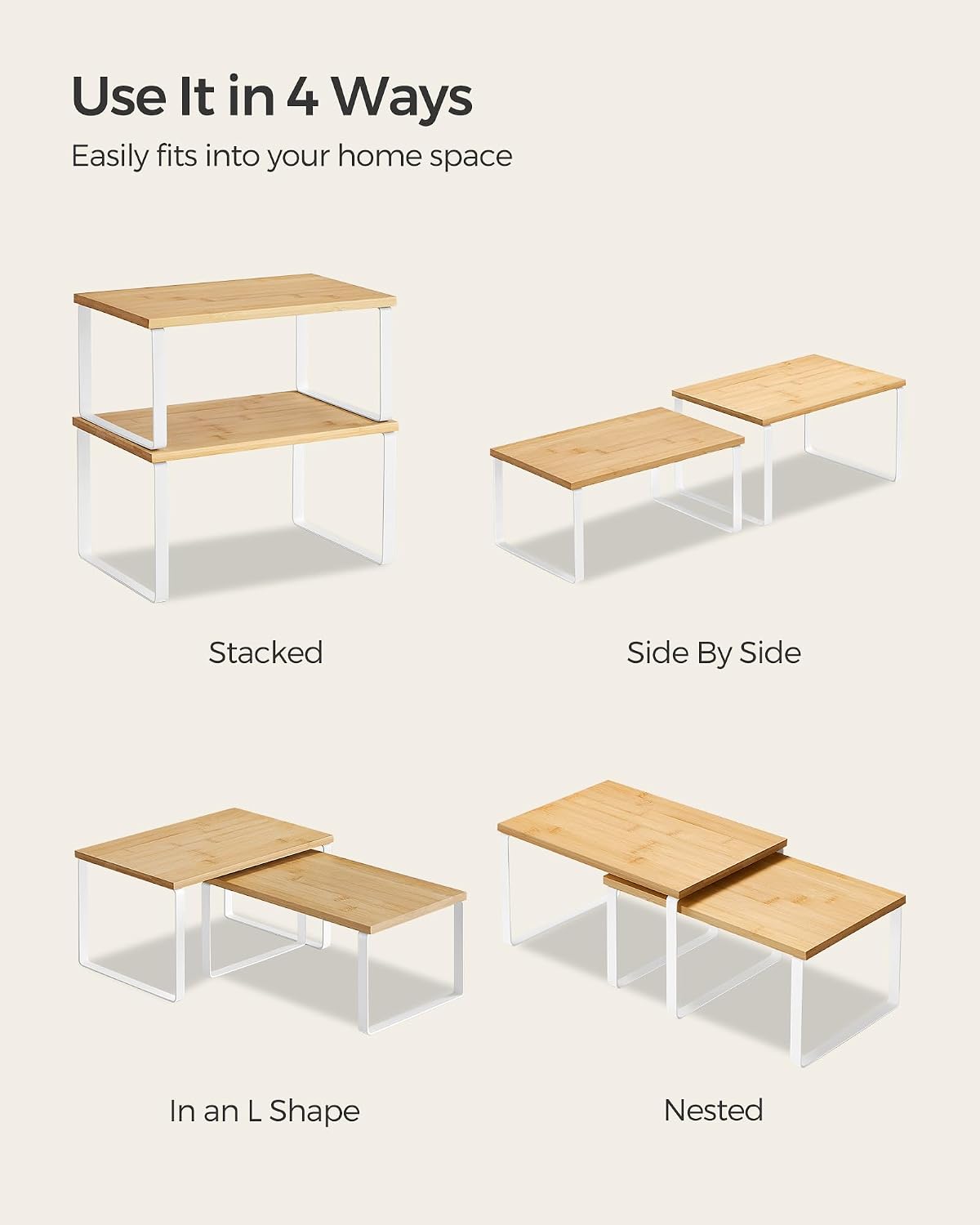 SONGMICS Cabinet Organizer Shelf, Set of 4 Kitchen Counter Shelves, Kitchen Storage, Spice Rack, Stackable, Expandable, Metal and Engineered Wood, Cloud White and Natural Beige UKCS010N01