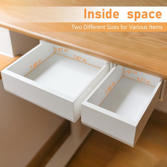 Bamboo Under Desk Drawer, Self-Adhesive Slide Out Under Desk Organizer and Storage Including Mounting Hardware (White)