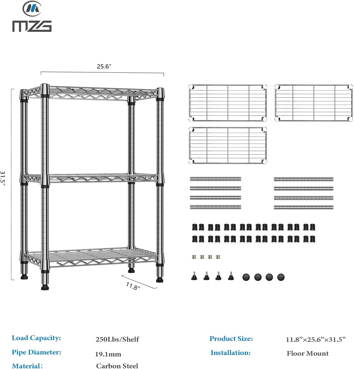 M MZG 450 lbs Steel Storage Shelving 3-Tier Utility Shelving Unit Steel Organizer Wire Rack for Home,Kitchen,Office (11.8" D x 17.7" W x 26.3" H) - Colors A