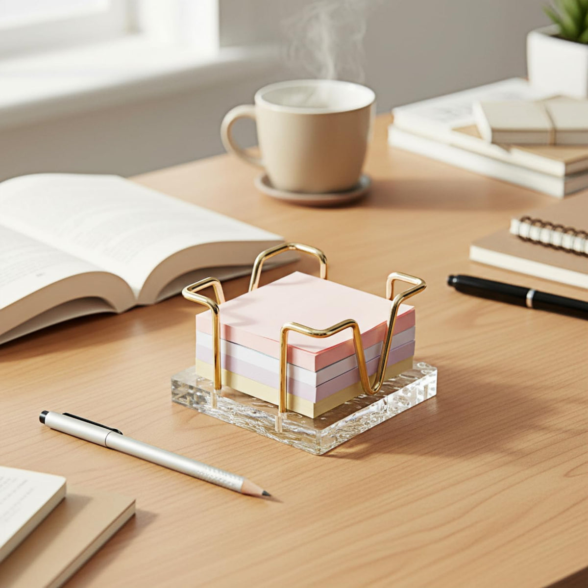 Acrylic Sticky Note Holder, 3 x 3 inch Self-Stick Note Memo Pad Holder for Desk, Notepad Dispenser Organizer for School Office Home, Gold