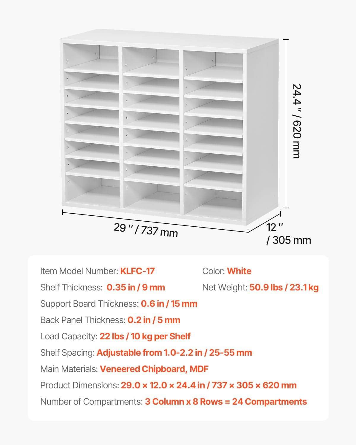 VEVOR Literature Organizers, 12 Compartments Office Mailbox with Adjustable Shelves, Wood Literature Sorter 20.4x12x16.1 inches for Office, Home, Classroom, Mailrooms Organization, EPA Certified White