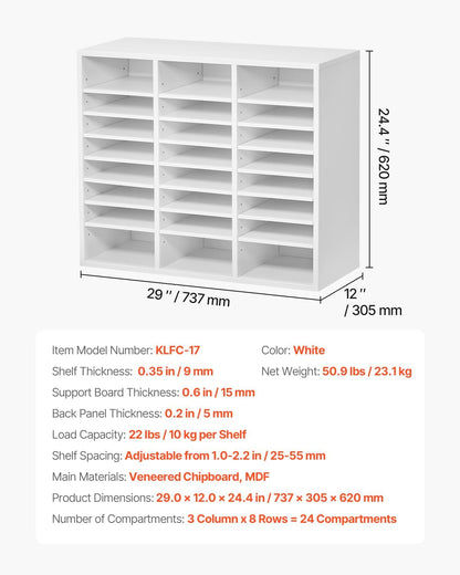 VEVOR Literature Organizers, 12 Compartments Office Mailbox with Adjustable Shelves, Wood Literature Sorter 20.4x12x16.1 inches for Office, Home, Classroom, Mailrooms Organization, EPA Certified White