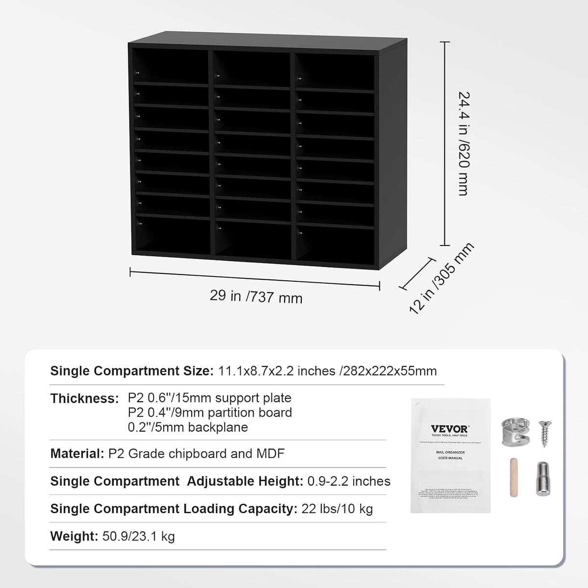 VEVOR Literature Organizers, 12 Compartments Office Mailbox with Adjustable Shelves, Wood Literature Sorter 20.4x12x16.1 inches for Office, Home, Classroom, Mailrooms Organization, EPA Certified White
