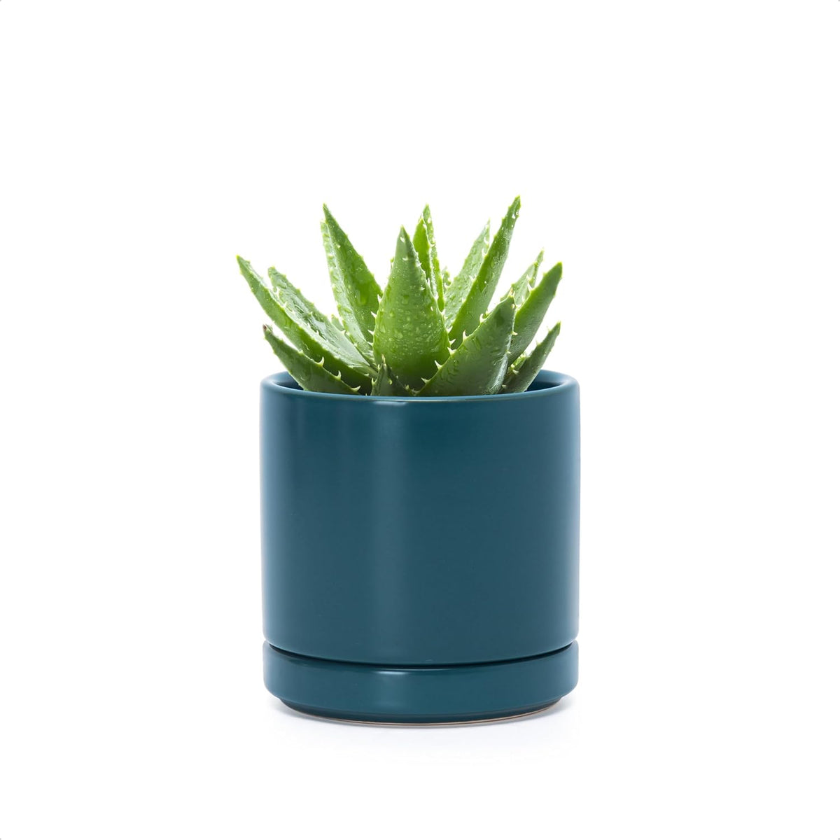 D'vine Dev 4.7 Inch Ceramic Planter Pot with Drainage Hole and Saucer, Indoor Cylinder Round Planter Pot, Teal, 94-O-B-9
