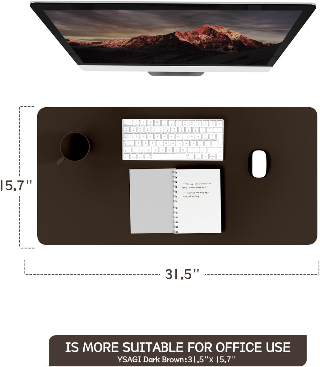 YSAGi Non-Slip Leather Desk Pad, Waterproof Laptop Computer Desk Keyboard Mat, Table Protector Blotter Mat, Large Mouse Pad for Office/Work/Home/Decor(Dark Brown, 31.5" x 15.7")
