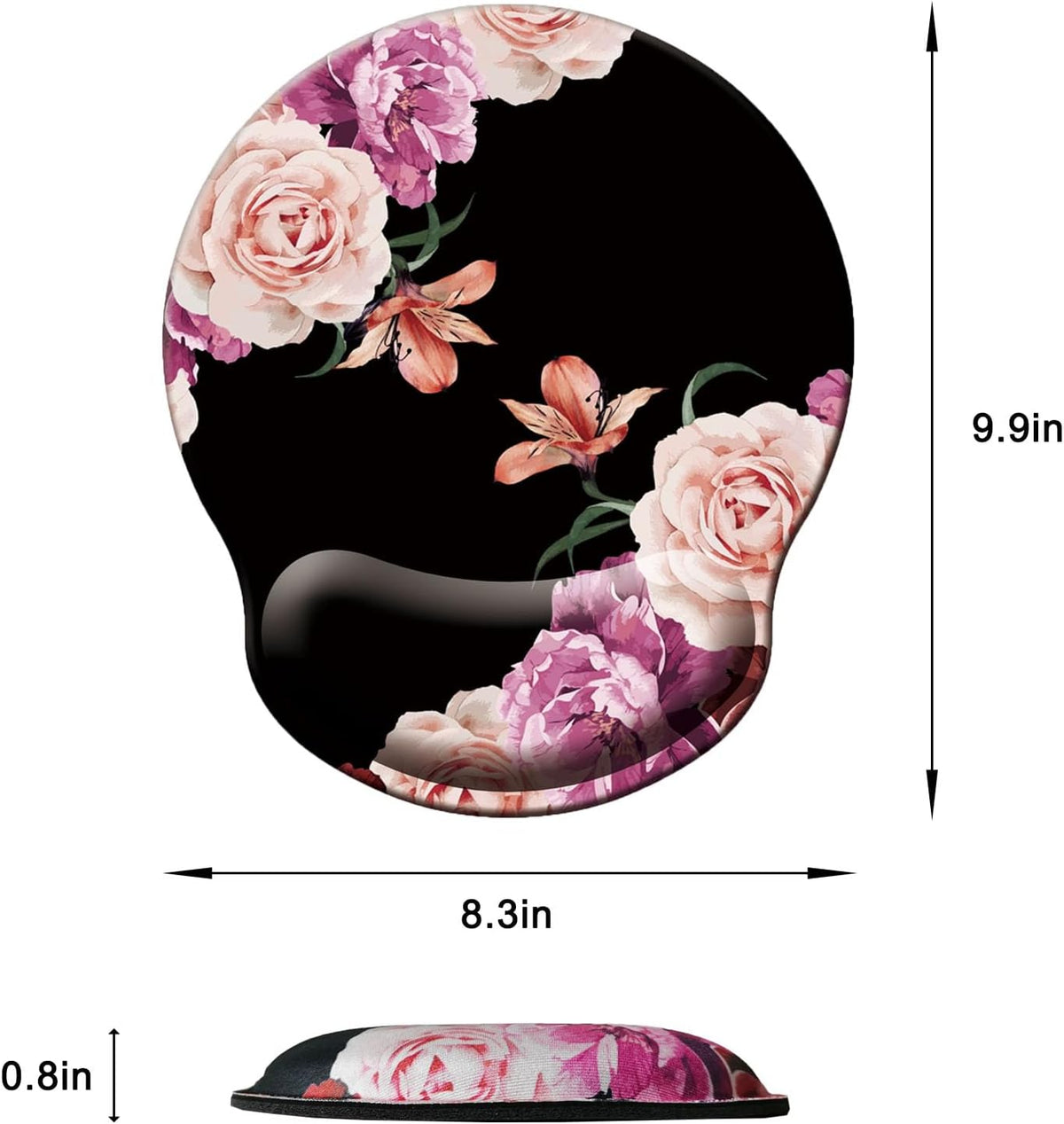 Mouse Pad with Wrist Support, Ergonomic Mouse Pad with Memory Foam Wrist Rest Cushion, Non-Slip Rubber Base Gaming Mice Pad for Home Office Computer Laptop, Flower Black