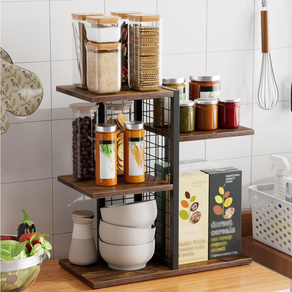 4 Tier Desk Shelf Organizer, Desk Shelf for Top of Desk,Adjustable Tabletop Bookshelf Wood Desktop Shelf for Home Office Dorm, Brown