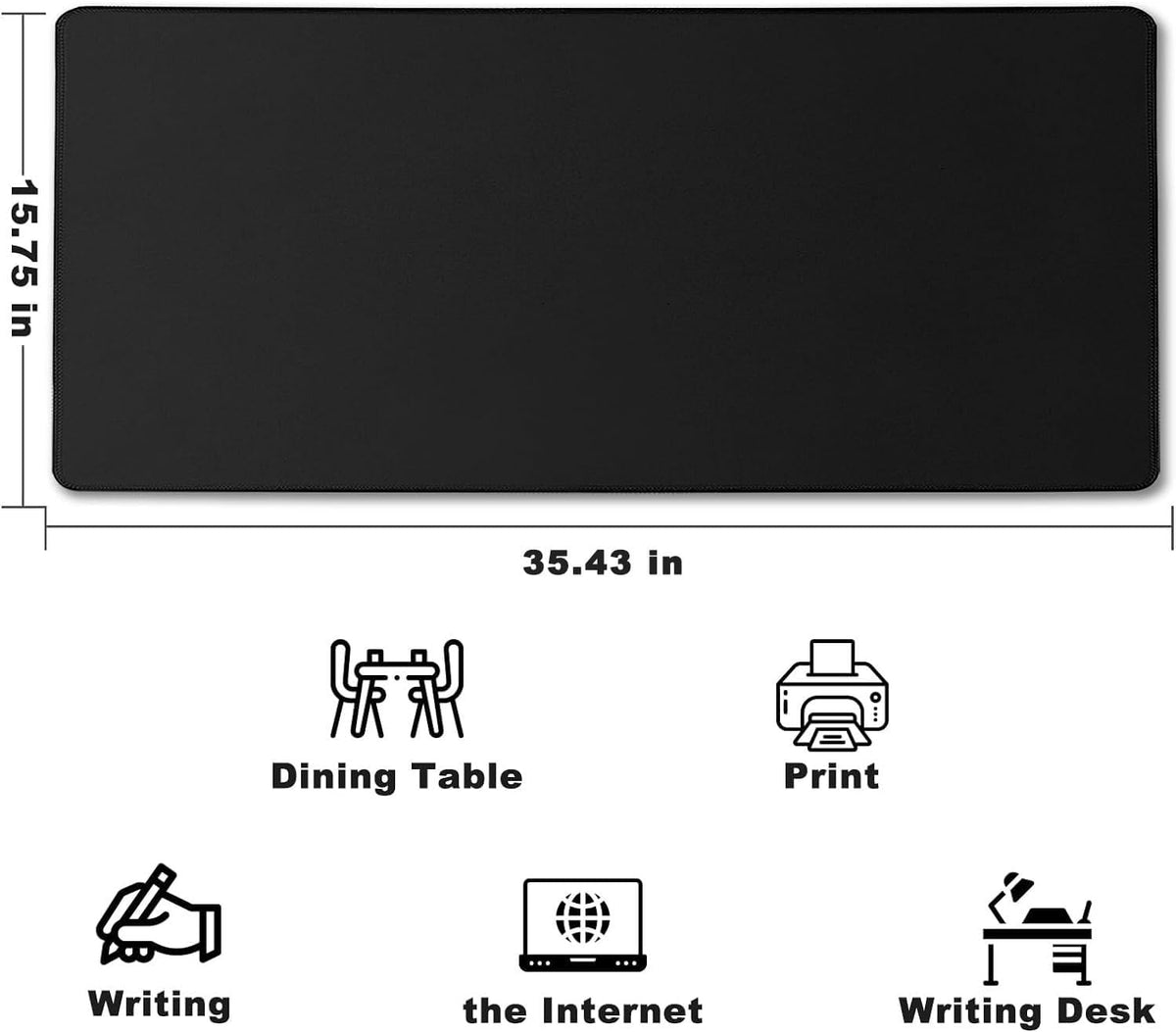 31.5" x 15.7" Waterproof Fabric Desk Pad, Rubber Anti-Slip Base, Stitched Edges No Curling, Fits Laptop Keyboard and Mouse, Smooth Office Mat Large Mouse Pad for Work Game, Black