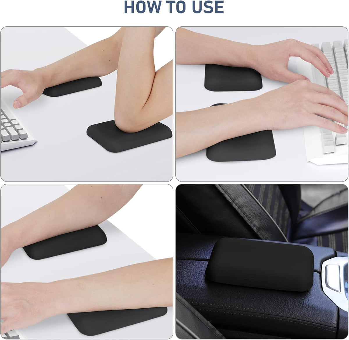 Leolee Elbow Rest Pads for Desk, Black Ergonomic Wrist Rest Arm Rest Pads | Memory Foam & Non-Slip Base, Armrest Cushion Support Pad Relieve Elbow and Wrist Pain for Computer, Office, 2 Packs