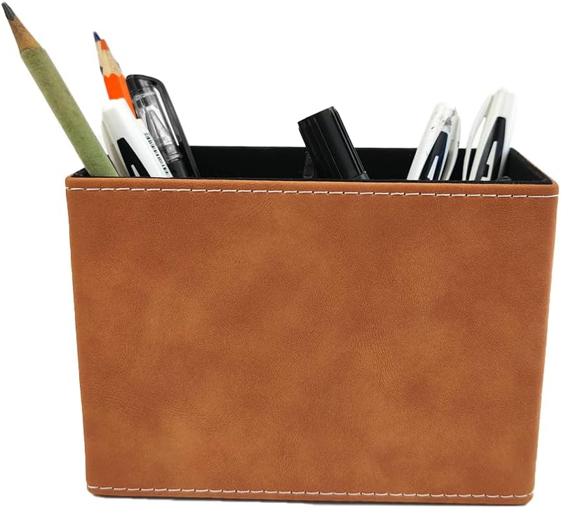 Leather Pen Holder, Brown Pencil Holder, Desktop Elegant Pen Holder for Desk, Stationery Organizer for School Office Home Dorm (3.3" x 3.3" x 4", Brown)