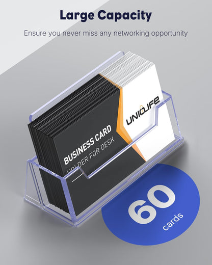 Uniclife Acrylic Business Card Holder for Desk 1 Slot Clear Business Card Display Stand for Men & Women Desktop Business Card Organizer Card Stand for Office Home Exhibition, 60 Card Capacity