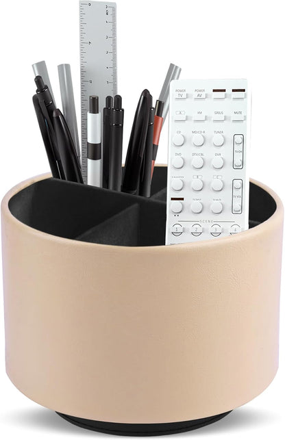 Round Leather Art Supply Organizer,Remote Control Holder,360 Degree Rotating,Multi-Functional Pencil Holder,4 Compartments Desktop Stationary Organizer(1-Blue Bird) - Colors B