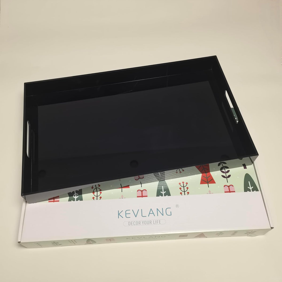 KEVLANG Glossy White Sturdy Acrylic Serving Tray with Handles-12x20 Inch-Serving Coffee Appetizer Breakfast-Kitchen Countertop Makeup Drawer Organizer-Vanity Table Ottoman Decorative Tray