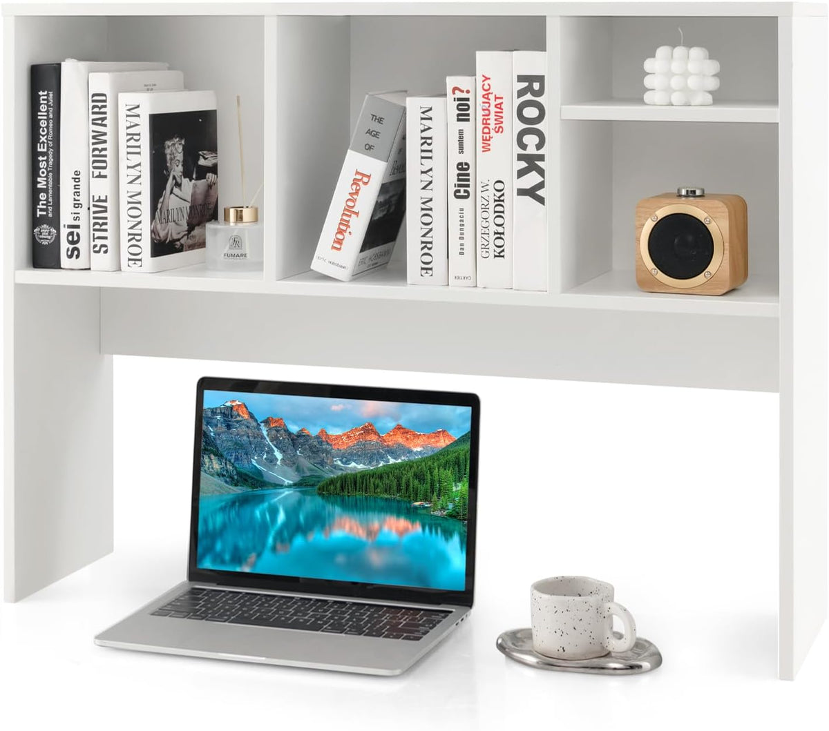 Desktop Bookshelf, Countertop Storage Hutch with 5 Shelves for Computer Desk, Desk 3-Tier Display Rack, Multipurpose Wood Desktop Hutch Storage Organizer for Dorm Office Home