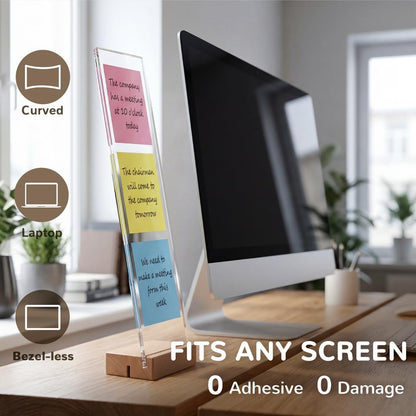 2-Pack Monitor Memo Board & Sticky Note Holder, Freestanding Acrylic Computer Desk Accessories with Wood Base, Zero Adhesive Screen Note Board for Office Organization Decor