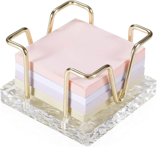 Acrylic Sticky Note Holder, 3 x 3 inch Self-Stick Note Memo Pad Holder for Desk, Notepad Dispenser Organizer for School Office Home, Gold