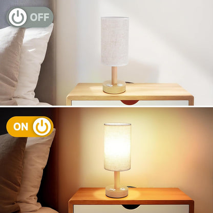 Small Bedside Table Lamp for Bedroom,Natural Round Wood Base&Fabric Linen Shade,Cozy Night Table Light for Study Reading,Minimalist Boho Desk Lamp for Nightstand,Living Room,Nursery,Kitchen,Dorm