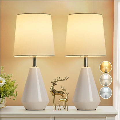 Small Bedside Table Lamp for Bedroom - Reading Desk Lamp with 3 Color Temperatures，15.5" Nightstand Ceramic Lamp with Fabric Shade for Kids Room,Living Room,Dorm,Home Office (Green)