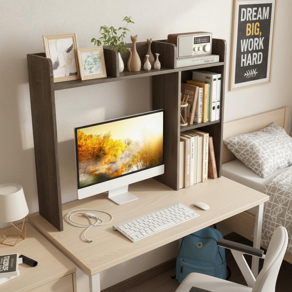Desktop Bookshelf, Countertop Storage Hutch with 5 Shelves for Computer Desk, Desk 3-Tier Display Rack, Multipurpose Wood Desktop Hutch Storage Organizer for Dorm Office Home