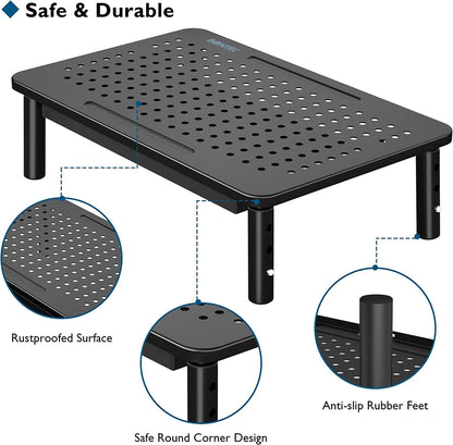 BONTEC Adjustable Monitor Stand Riser with Drawer, Ergonomic Mesh Platform Computer Monitor Stand for Desk, Ventilated Laptop and PC Stand with Cable Management, Supports up to 44lbs