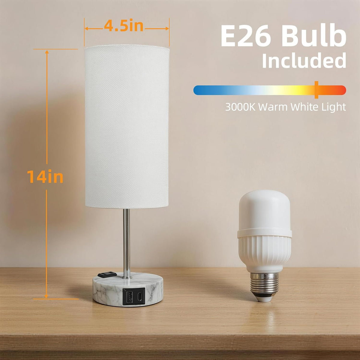 Table Lamp for Nightstand, High-Sensitivity Touch, 3-Level Dimmable Bedside Lamp with AC Outlet | USB | and USB-C, Ideal Night Stand Lamp for Bedroom, Reading, Living Room(Warm&Wooden)