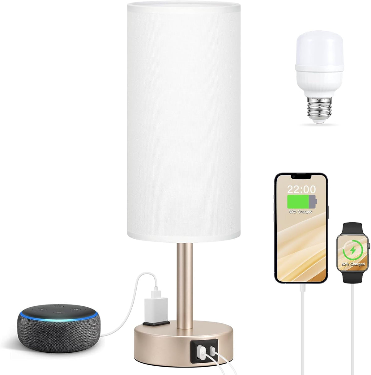 Fenmzee Bedside Table Lamp for Bedroom - Dimmable Touch, USB A+C, AC Outlet