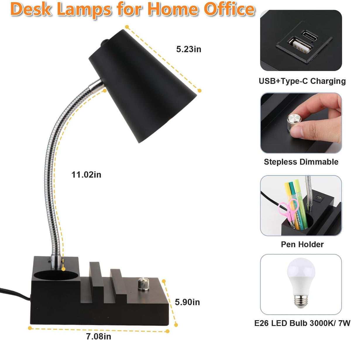 LALISU Study Desk Lamp with USB Charging and Type-C Night Light, Gooseneck LED Table Lamp Stepless Dimming Study Table Lamp with Pen Holder for College Dorm Bedroom and Office (Black)