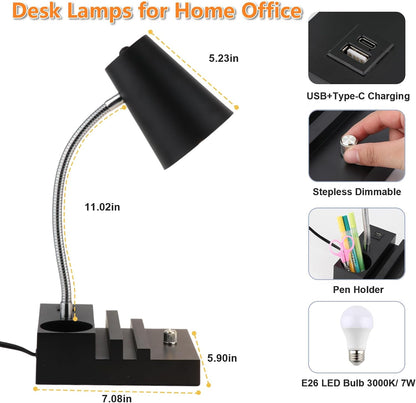 LALISU Study Desk Lamp with USB Charging and Type-C Night Light, Gooseneck LED Table Lamp Stepless Dimming Study Table Lamp with Pen Holder for College Dorm Bedroom and Office (Black)
