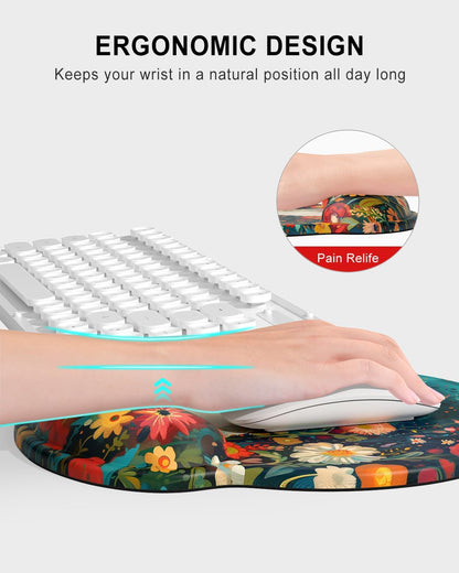 Ergonomic Mouse Pad with Wrist Rest, Comfortable Silicone Non-Slip Computer Pain Relief Gel Mouse Mat with Wrist Support for Gaming, Work, Office, Women & Men, Cute Pattern, Beige