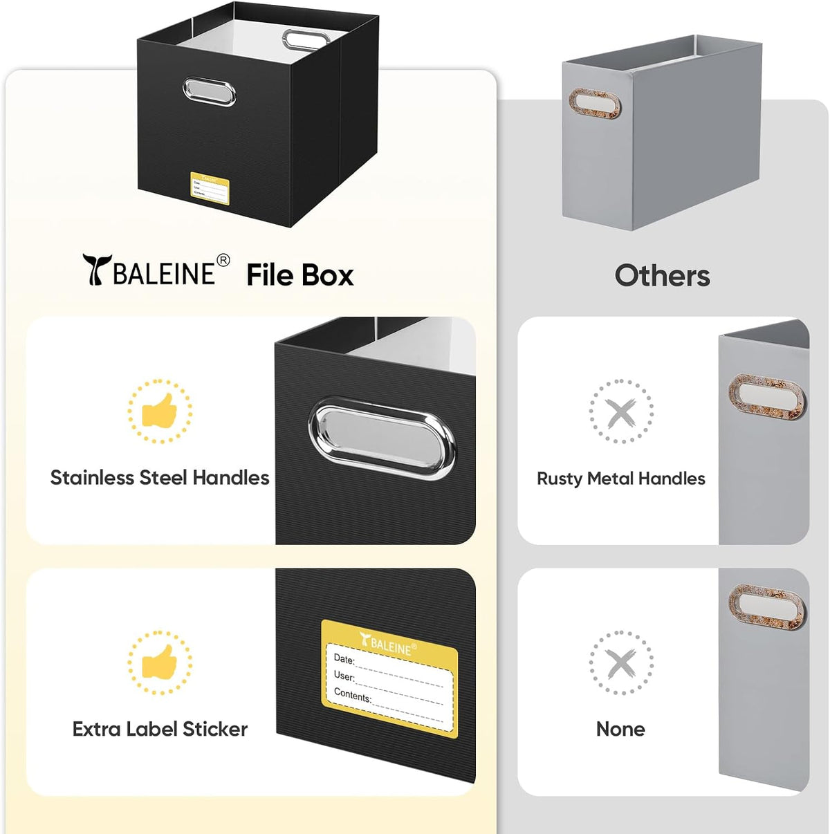 BALEINE File Organizer Box, Cardboard File Folder Organizer with Handle for Letter Size, Portable Collapsible Hanging Filing Box for Home Office Document Storage (2 Pack, Black)