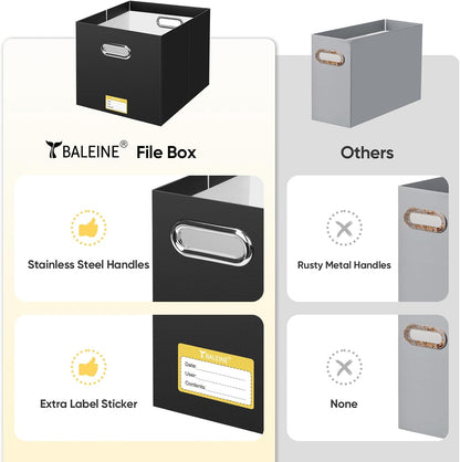 BALEINE File Organizer Box, Cardboard File Folder Organizer with Handle for Letter Size, Portable Collapsible Hanging Filing Box for Home Office Document Storage (2 Pack, Black)