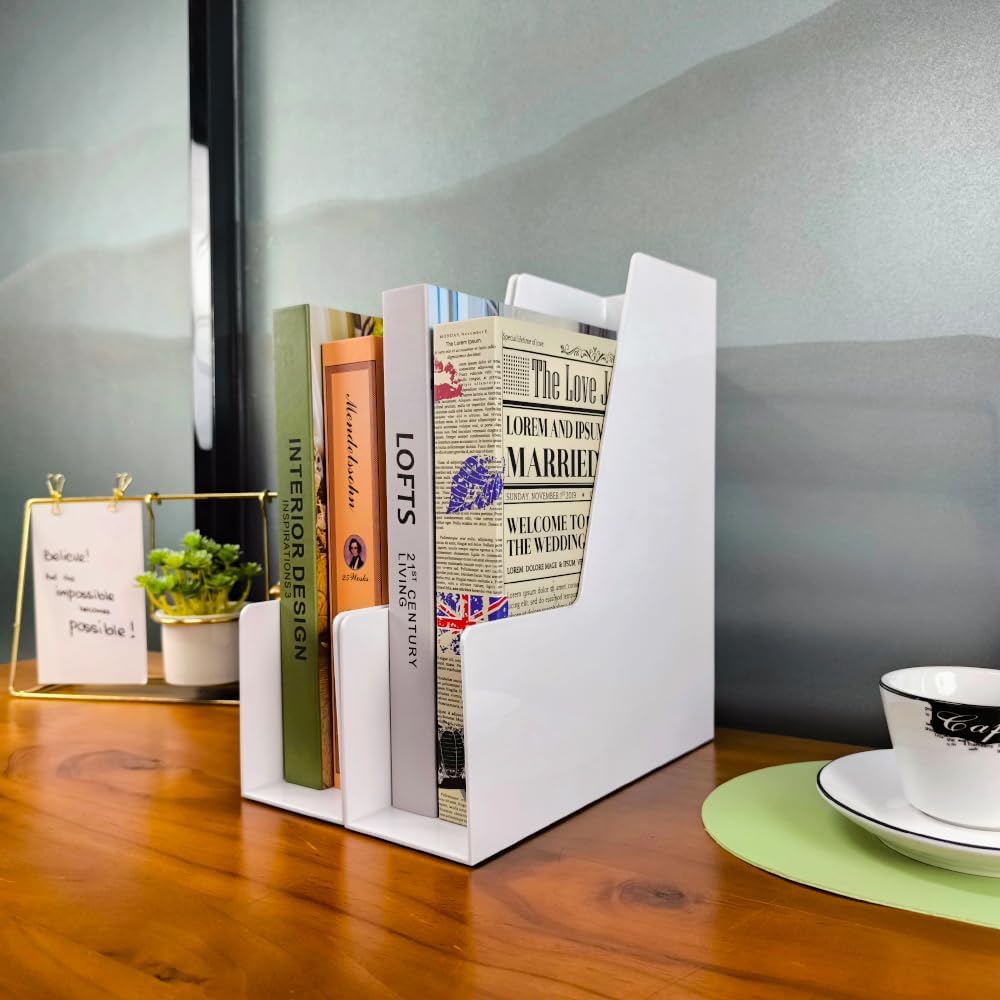 Clear Vertical File Holder, 2 pack, for Home Office | Clear plastic Magazine Organizer, 2-pack. Multi-purpose document organizer for home office, school. Space-saving storage.