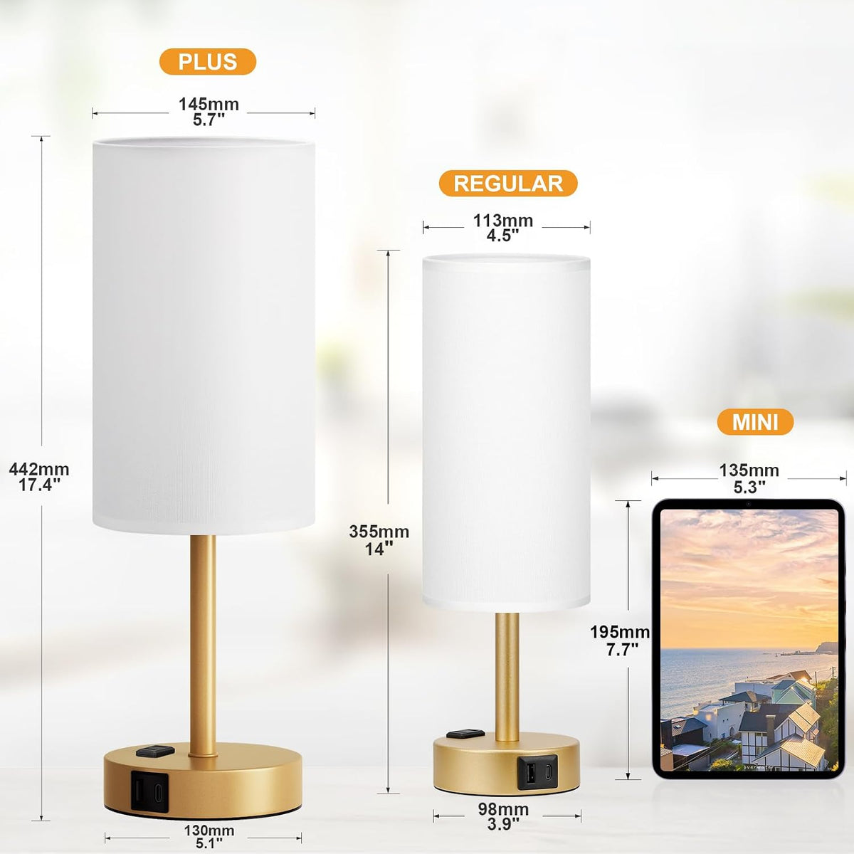 Fenmzee Bedside Table Lamp for Bedroom - Dimmable Touch, USB A+C, AC Outlet