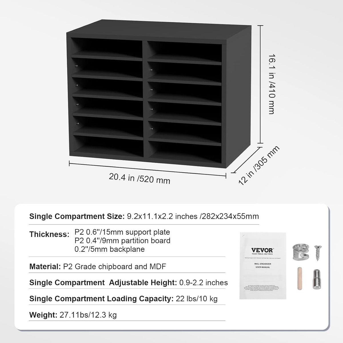 VEVOR Literature Organizers, 12 Compartments Office Mailbox with Adjustable Shelves, Wood Literature Sorter 20.4x12x16.1 inches for Office, Home, Classroom, Mailrooms Organization, EPA Certified White