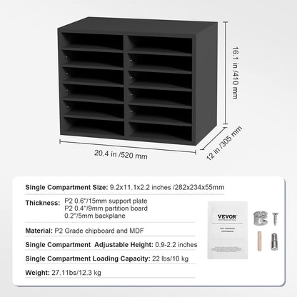 VEVOR Literature Organizers, 12 Compartments Office Mailbox with Adjustable Shelves, Wood Literature Sorter 20.4x12x16.1 inches for Office, Home, Classroom, Mailrooms Organization, EPA Certified White