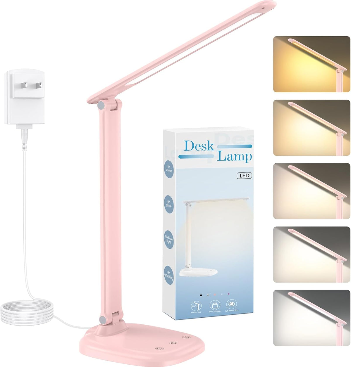 Desk Lamp with Charger, 10%-100% Stepless Dimmable & 5 Color Modes Study Lamp, Touch Control, 30-/60-minute Timer, USB Charging Output Port, CRI≥90, Eye-Caring Foldable LED Desk Lamps for Home Office