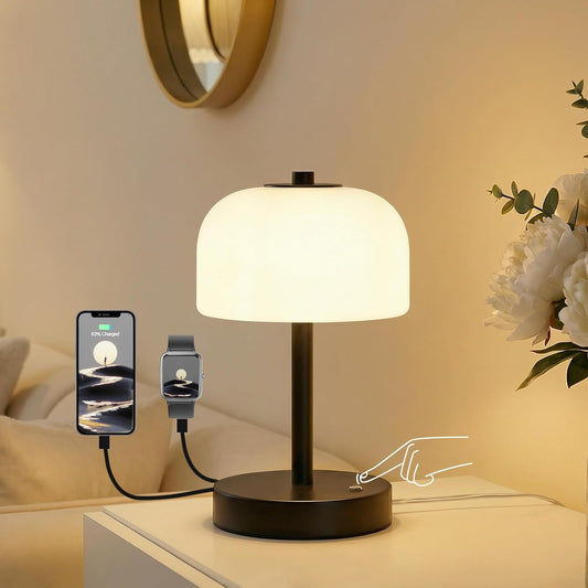 Oneach 9.5" Corded Touch Control Table Lamp with USB A+C Charging Ports, Wood Grain Dimmable LED Bedside Lamp with 3 Color Temperatures, Small Modern Table Lamps for Bedroom Nightstand Living Room