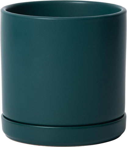 D'vine Dev 4.7 Inch Ceramic Planter Pot with Drainage Hole and Saucer, Indoor Cylinder Round Planter Pot, Teal, 94-O-B-9