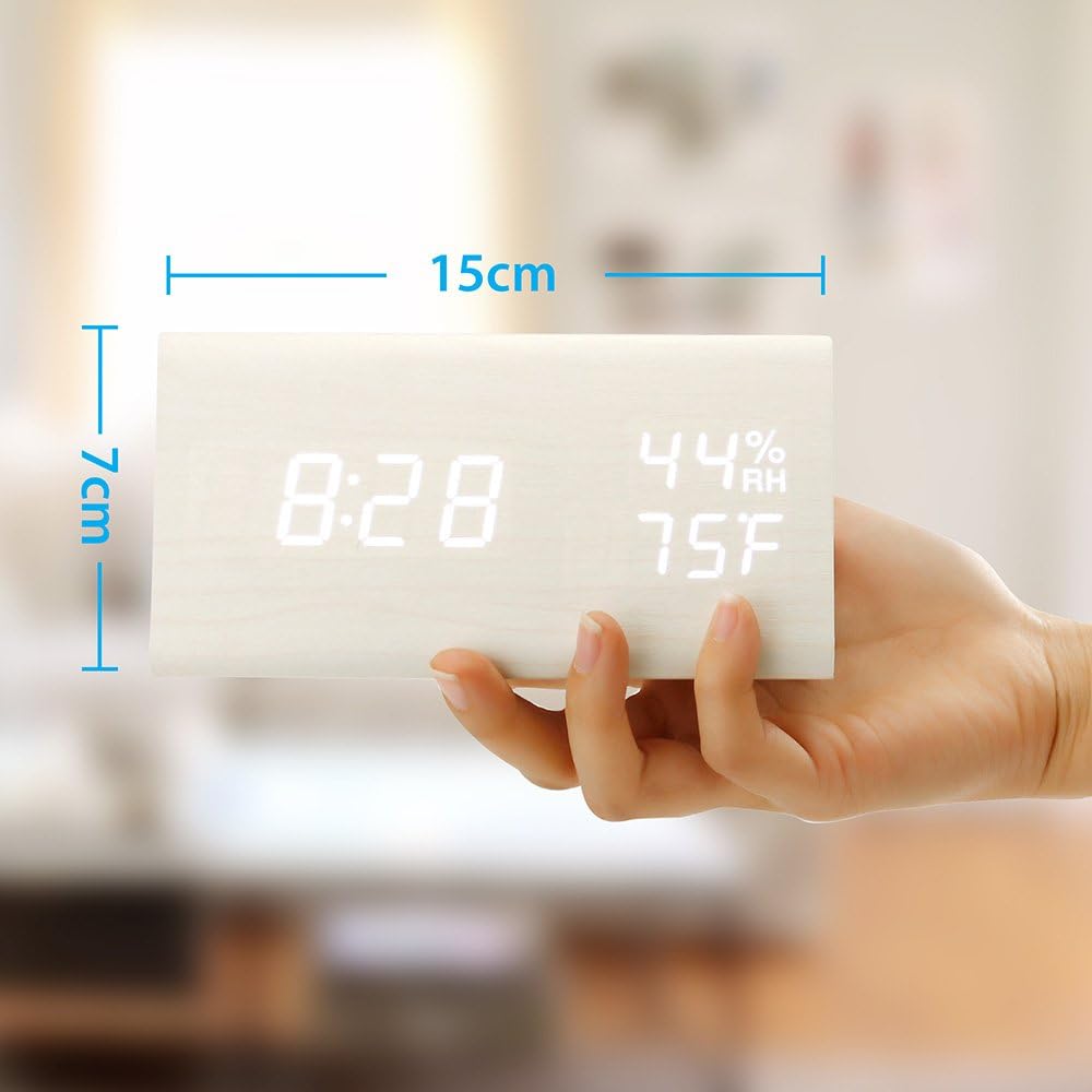 OCT17 Wooden Alarm Clock, Smart LED Digital Clock for Bedroom/desks, Upgraded with Time Temperature, Adjustable Brightness and Voice Control, Humidity Displaying - Black